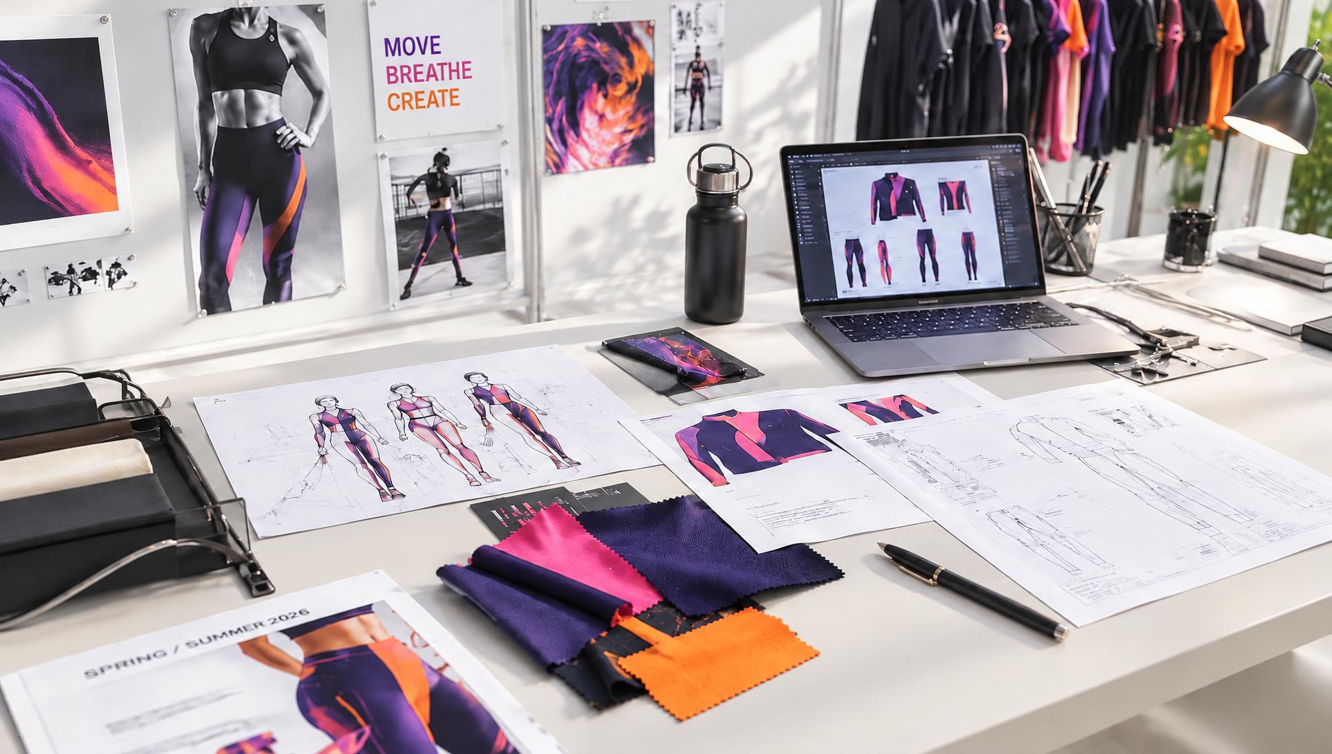 EvolutionPro design studio desk in daylight with garment sketches, fabric swatches and laptop mockups